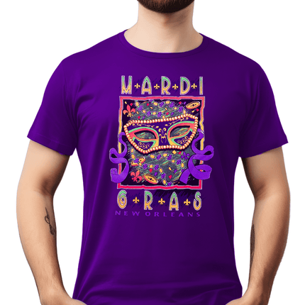 Adult Unisex Mardi Gras Confetti Mask Purple Tee - Shirt - Mardi Gras Apparel - 100% Cotton, Adult, G5000 Chart - Tee - Shirt