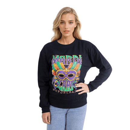 Adult Unisex Mardi Gras Feather Mask Sweatshirt - Mardi Gras Apparel - Adult, Adult Unisex, Ladies - Sweatshirt