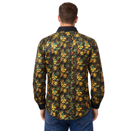 Adult Unisex Mardi Gras Fleur - de - Lis Button - Up Shirt Long Sleeve Masquerade Print - Mardi Gras Apparel - Adult, Buttons up, Machine Washable - 
