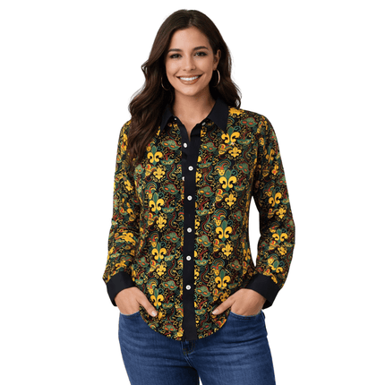 Adult Unisex Mardi Gras Fleur - de - Lis Button - Up Shirt Long Sleeve Masquerade Print - Mardi Gras Apparel - Adult, Buttons up, Machine Washable - 