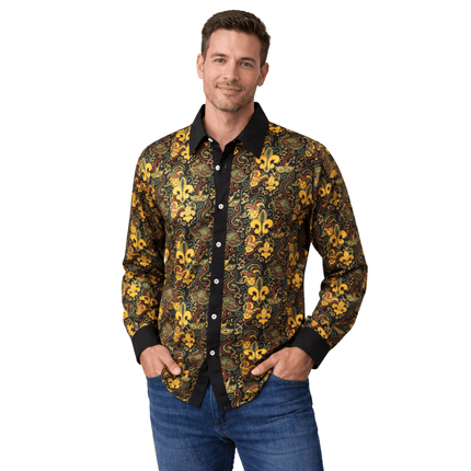 Adult Unisex Mardi Gras Fleur - de - Lis Button - Up Shirt Long Sleeve Masquerade Print - Mardi Gras Apparel - Adult, Buttons up, Machine Washable - 