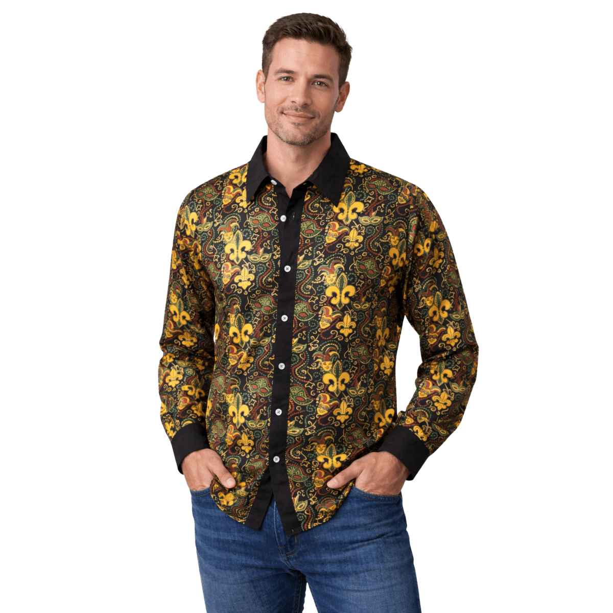 Adult Unisex Mardi Gras Fleur-de-Lis Button-Up Shirt Long Sleeve Masquerade Print