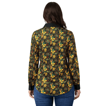 Adult Unisex Mardi Gras Fleur - de - Lis Button - Up Shirt Long Sleeve Masquerade Print - Mardi Gras Apparel - Adult, Buttons up, Machine Washable - 