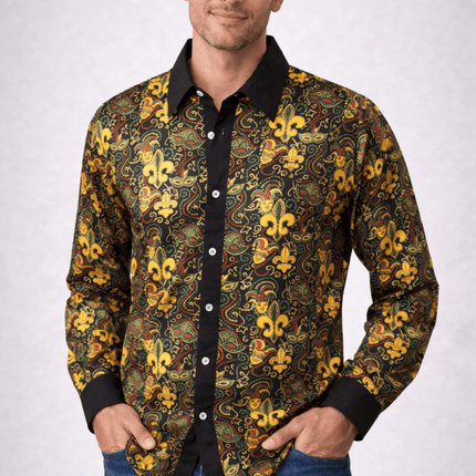 Adult Unisex Mardi Gras Fleur - de - Lis Button - Up Shirt Long Sleeve Masquerade Print - Mardi Gras Apparel - Adult, Buttons up, Machine Washable - 