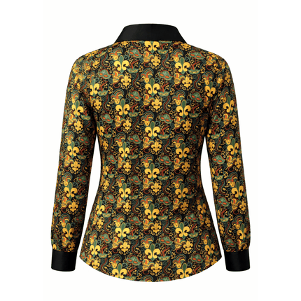 Adult Unisex Mardi Gras Fleur - de - Lis Button - Up Shirt Long Sleeve Masquerade Print - Mardi Gras Apparel - Adult, Buttons up, Machine Washable - 