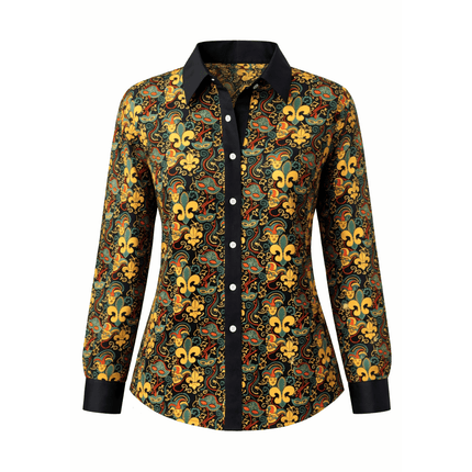 Adult Unisex Mardi Gras Fleur - de - Lis Button - Up Shirt Long Sleeve Masquerade Print - Mardi Gras Apparel - Adult, Buttons up, Machine Washable - 