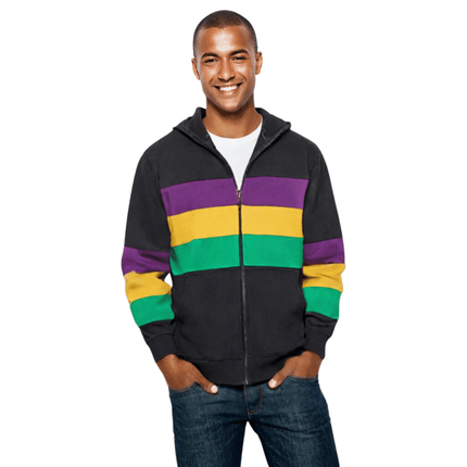 Adult Unisex Mardi Gras Full - Zip Hoodie Black with Purple, Green, and Gold Stripes - Mardi Gras Apparel - Adult Unisex, Green, Hoodie - Hoodie