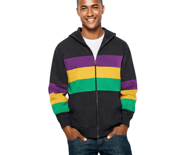 Adult Unisex Mardi Gras Full-Zip Hoodie Black with Purple, Green