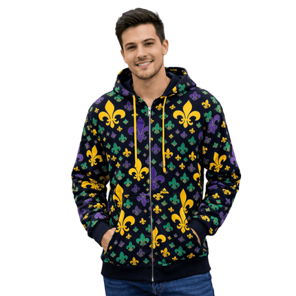 Adult Unisex Mardi Gras Full - Zip Hoodie with Fleur de Lis Print - Mardi Gras Apparel - Adult Unisex, Green, Hoodie - Hoodie