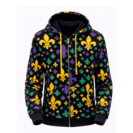 Adult Unisex Mardi Gras Full - Zip Hoodie with Fleur de Lis Print - Mardi Gras Apparel - Adult Unisex, Green, Hoodie - Hoodie