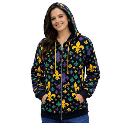 Adult Unisex Mardi Gras Full - Zip Hoodie with Fleur de Lis Print - Mardi Gras Apparel - Adult Unisex, Green, Hoodie - Hoodie