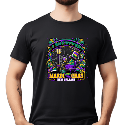 Adult Unisex Mardi Gras I Survived Drunk Guy T-shirt Black - Mardi Gras Apparel - 100% Cotton, 3 for 10, Adult - Tee - Shirt