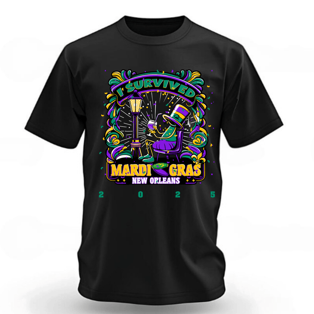 Adult Unisex Mardi Gras I Survived Drunk Guy T-shirt Black - Mardi Gras Apparel - 100% Cotton, 3 for 10, Adult - Tee - Shirt