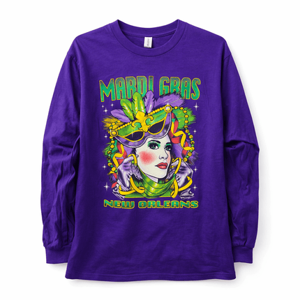 Adult Unisex Mardi Gras Mask Long Sleeve Sweatshirt Purple - Mardi Gras Apparel - Adult, Adult Unisex, apparel discount tier - Sweatshirt
