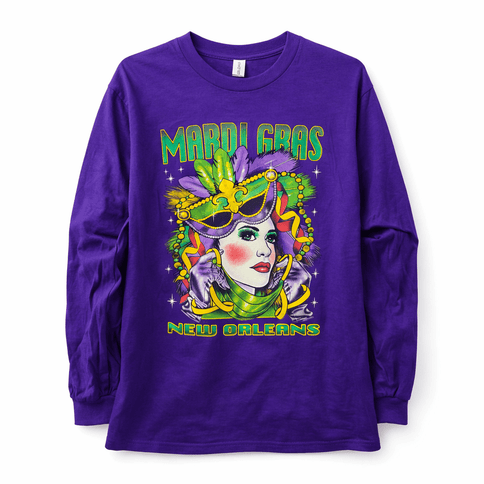 Adult Unisex Mardi Gras Mask Long Sleeve Sweatshirt Purple - Mardi Gras Apparel - Adult, Adult Unisex, apparel discount tier - Sweatshirt