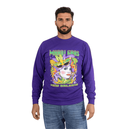 Adult Unisex Mardi Gras Mask Long Sleeve Sweatshirt Purple - Mardi Gras Apparel - Adult, Adult Unisex, Ladies - Sweatshirt