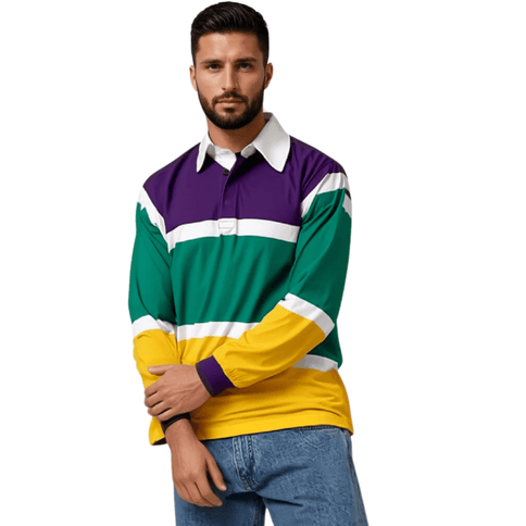 Adult Unisex Mardi Gras Polo Long Sleeve 3 Color Panel & White Trim - Mardi Gras Apparel - Adult, Adult Unisex, Collared - Long Sleeve Rugby Polo