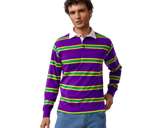 Mardi Gras Purple 3 Panel Long Sleeve Rugby Polo - Mardi