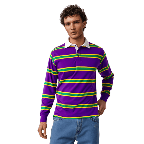 Adult Unisex Mardi Gras PPL 3 Panel Long Sleeve Rugby Polo - Mardi Gras Apparel - Adult Unisex, Green, Long Sleeve - Long Sleeve Rugby Polo