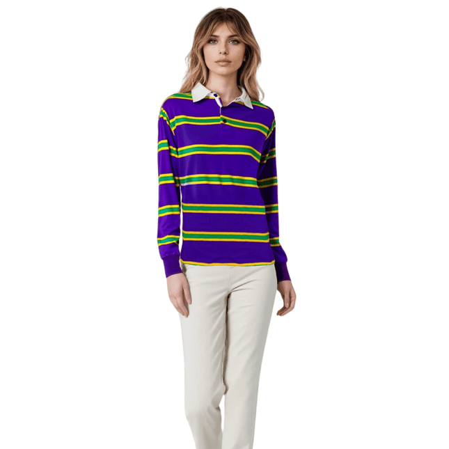 Adult Unisex Mardi Gras PPL 3 Panel Long Sleeve Rugby Polo - Mardi Gras Apparel - Adult Unisex, Green, Long Sleeve - Long Sleeve Rugby Polo