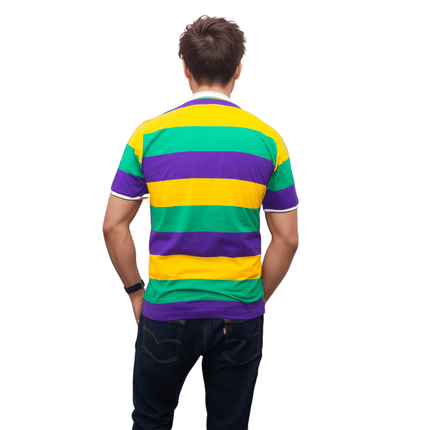 Adult Unisex Mardi Gras Striped Panel Short Sleeve Polo T-shirt - Mardi Gras Apparel - Adult Unisex, Button Up, Collared - Rugby Polo