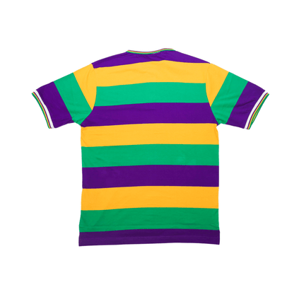 Adult Unisex Mardi Gras Striped Panel Short Sleeve Polo T-shirt - Mardi Gras Apparel - Adult Unisex, Button Up, Collared - Rugby Polo