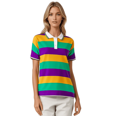 Adult Unisex Mardi Gras Striped Panel Short Sleeve Polo T-shirt - Mardi Gras Apparel - Adult Unisex, Button Up, Collared - Rugby Polo