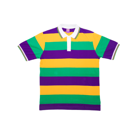 Adult Unisex Mardi Gras Striped Panel Short Sleeve Polo T-shirt - Mardi Gras Apparel - Adult Unisex, Button Up, Collared - Rugby Polo