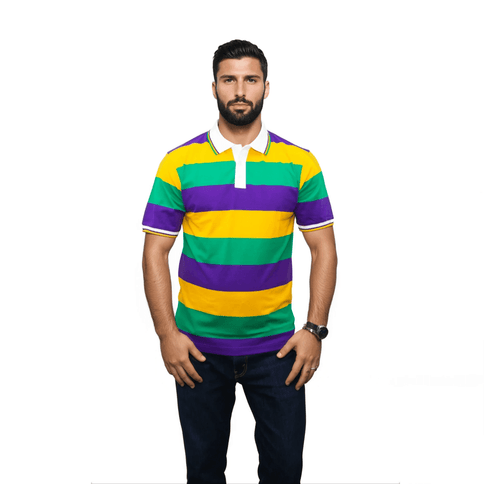 Adult Unisex Mardi Gras Striped Panel Short Sleeve Polo T-shirt - Mardi Gras Apparel - Adult Unisex, Button Up, Collared - Rugby Polo