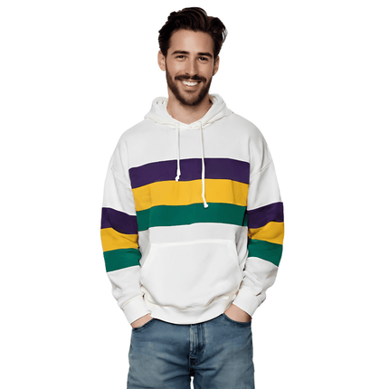 Adult Unisex Mardi Gras Striped Pullover White Hoodie - Mardi Gras Apparel - Adult Unisex, Green, Hoodie - Hoodie