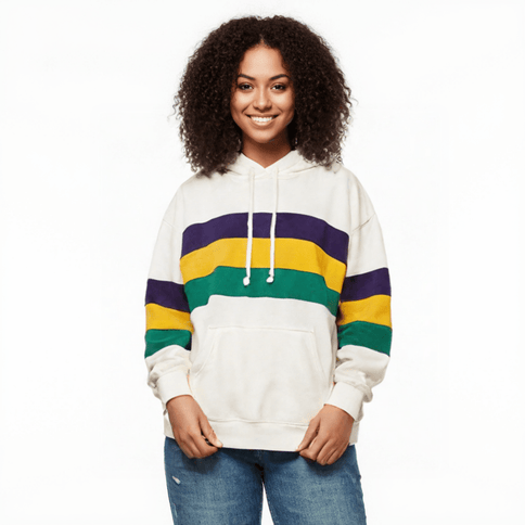 Adult Unisex Mardi Gras Striped Pullover White Hoodie - Mardi Gras Apparel - Adult Unisex, Green, Hoodie - Hoodie