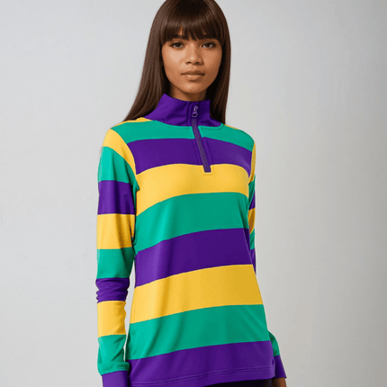 Adult Unisex Mardi Gras Striped Quarter - Zip Pullover - Mardi Gras Apparel - Adult Unisex, Button Up, Collared - Sweatshirt