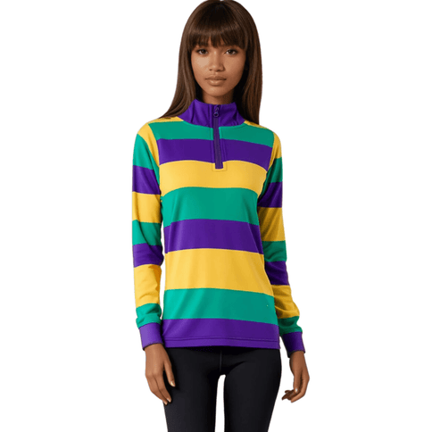 Adult Unisex Mardi Gras Striped Quarter - Zip Pullover - Mardi Gras Apparel - Adult Unisex, Button Up, Collared - Sweatshirt