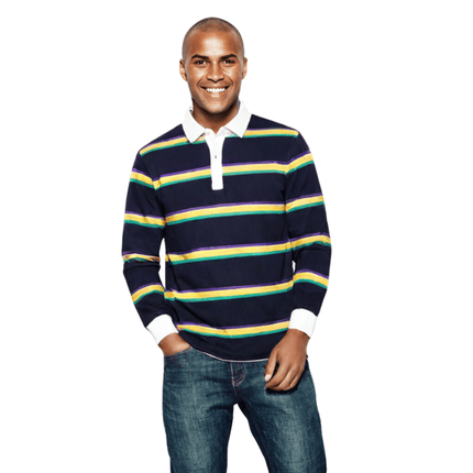 Adult Unisex Mardi Gras Striped Rugby Long Sleeve Polo - Mardi Gras Apparel - Adult Unisex, Green, Long Sleeve - Rugby Polo