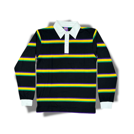 Adult Unisex Mardi Gras Striped Rugby Long Sleeve Polo - Mardi Gras Apparel - Adult Unisex, Green, Long Sleeve - Rugby Polo