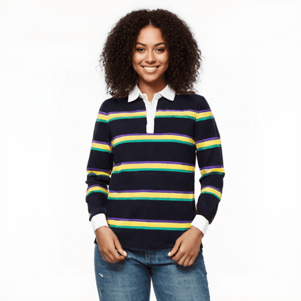 Adult Unisex Mardi Gras Striped Rugby Long Sleeve Polo - Mardi Gras Apparel - Adult Unisex, Green, Long Sleeve - Rugby Polo