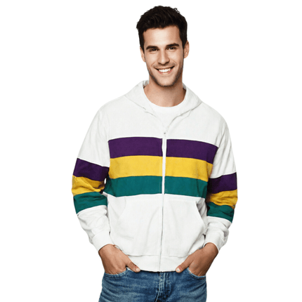 Adult Unisex Mardi Gras Striped Zipper White Hoodie - Mardi Gras Apparel - Adult Unisex, Green, Hoodie - Hoodie