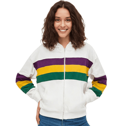 Adult Unisex Mardi Gras Striped Zipper White Hoodie - Mardi Gras Apparel - Adult Unisex, Green, Hoodie - Hoodie