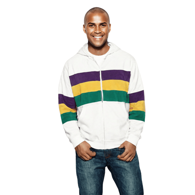 Adult Unisex Mardi Gras Striped Zipper White Hoodie - Mardi Gras Adult Unisex Mardi Gras Striped Zipper White Hoodie - Mardi Gras