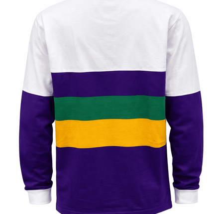 Adult Unisex Mardi Gras White Long Sleeve Striped Rugby Polo - Mardi Gras Apparel - Adult Unisex, Green, Long Sleeve - Long Sleeve Rugby Polo
