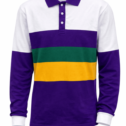 Adult Unisex Mardi Gras White Long Sleeve Striped Rugby Polo - Mardi Gras Apparel - Adult Unisex, Green, Long Sleeve - Long Sleeve Rugby Polo