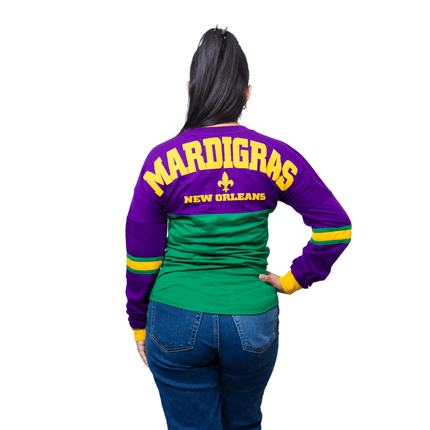 Adult Unisex Raglan Long Sleeve Tee - Purple & Green - Mardi Gras Apparel - 100% Cotton, Adult Unisex, Back Design - Raglan Long Sleeve Tee