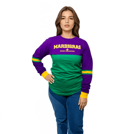 Adult Unisex Raglan Long Sleeve Tee - Purple & Green - Mardi Gras Apparel - 100% Cotton, Adult Unisex, Back Design - Raglan Long Sleeve Tee