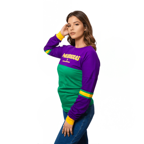 Adult Unisex Raglan Long Sleeve Tee - Purple & Green - Mardi Gras Apparel - 100% Cotton, Adult Unisex, Back Design - Raglan Long Sleeve Tee