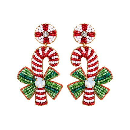 Beaded Candy Cane Bow Christmas Statement Earrings - Mardi Gras Apparel - Accessories, Christmas, Earrings - Earrings