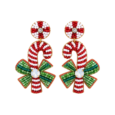 Beaded Candy Cane Bow Christmas Statement Earrings - Mardi Gras Apparel - Accessories, Christmas, Earrings - Earrings