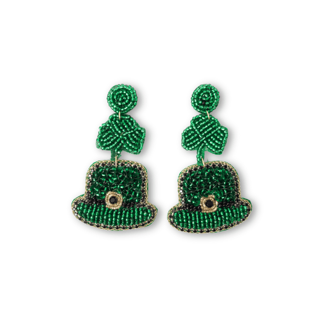 Beaded Leprechaun Hat Statement Earrings – St. Patrick’s Day - Mardi Gras Apparel - St. Patrick’s Day, , - Earrings