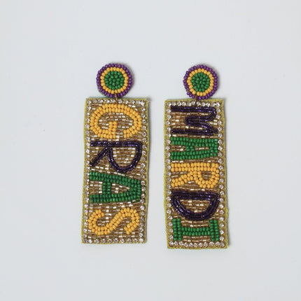 Beaded Mardi Gras Word Earrings with Circular Stud Top - Mardi Gras Apparel - Accessories, Earrings, Ladies - Mardi Gras Earrings