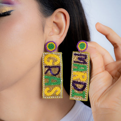 Beaded Mardi Gras Word Earrings with Circular Stud Top - Mardi Gras Apparel