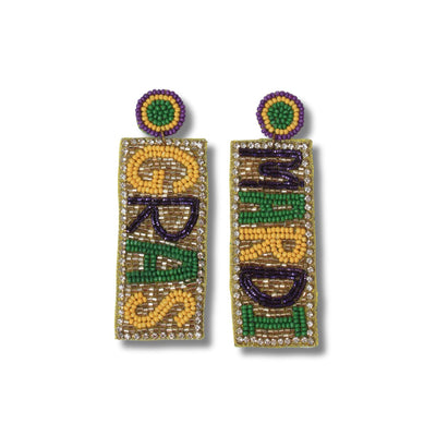 Beaded Mardi Gras Word Earrings with Circular Stud Top - Mardi Gras Apparel